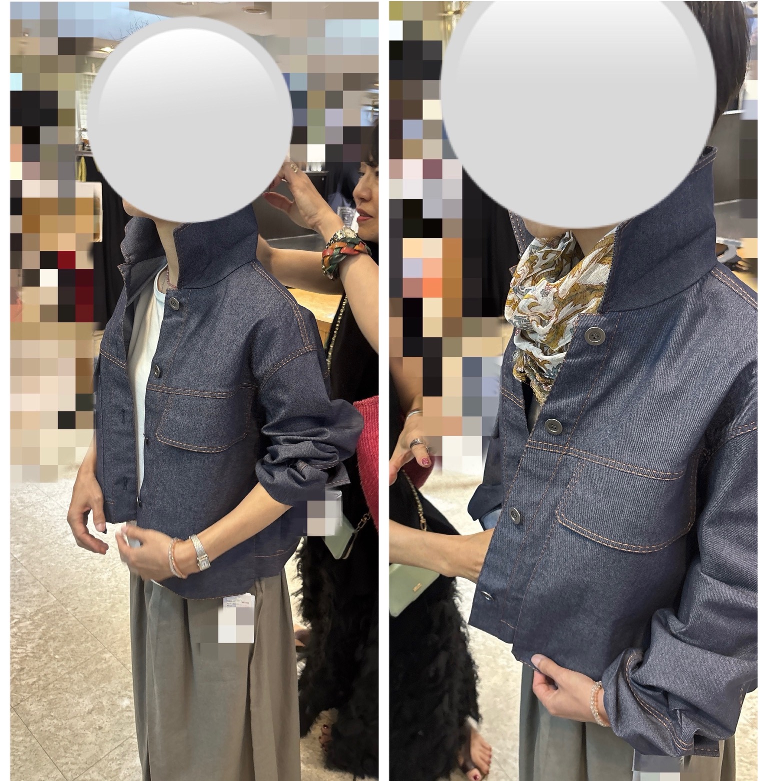 Two-panel scene of a person trying on a denim jacket in a store, an assistant adjusts the collar in the left panel and a patterned scarf is worn in the right panel (faces obscured).