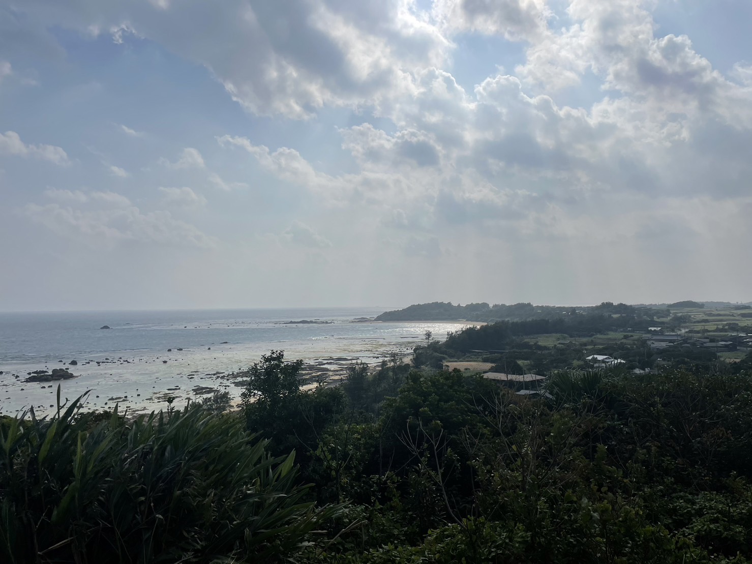 Coastal landscape with a rocky shoreline, calm sea, and green vegetation in the foreground under a partly cloudy sky.