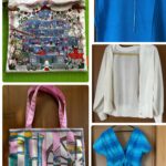 Collage of colorful fashion accessories: printed tote bag on green background, blue sleeveless top, white cardigan, pink handles bag, and a blue striped dress.