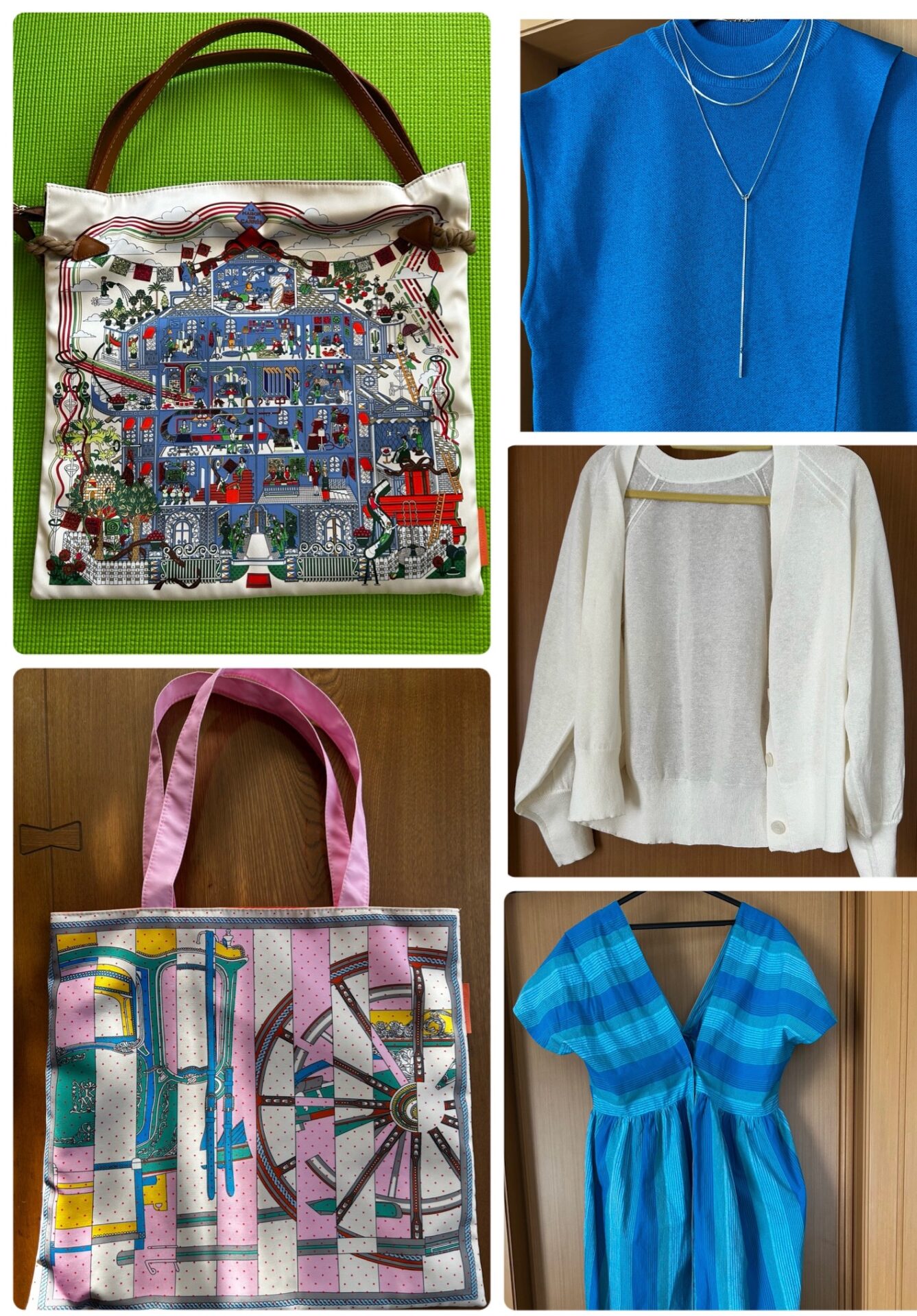 Collage of colorful fashion accessories: printed tote bag on green background, blue sleeveless top, white cardigan, pink handles bag, and a blue striped dress.