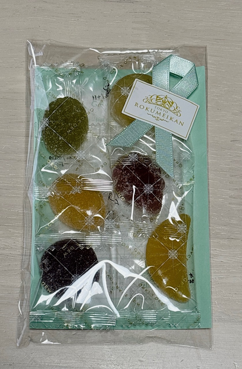 Gift-style package of assorted round cookies in a clear bag with a turquoise backing, a pale blue ribbon, and a Rokumeikan Tokyo label.