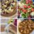 Assorted muffins topped with fruit and berries on a decorative plate (breakfast spread).