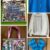 Collage of colorful fashion accessories: printed tote bag on green background, blue sleeveless top, white cardigan, pink handles bag, and a blue striped dress.